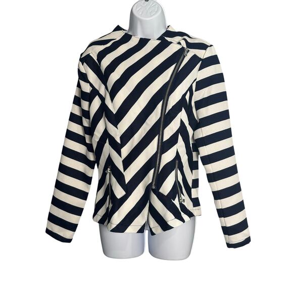 VENUS Striped Scuba Knit Moto Jacket S Black & White Asymmetrical Zip - Picture 1 of 7